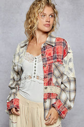 POL Lace Patchwork Plaid Oversized Shirt Red OutfitFlow